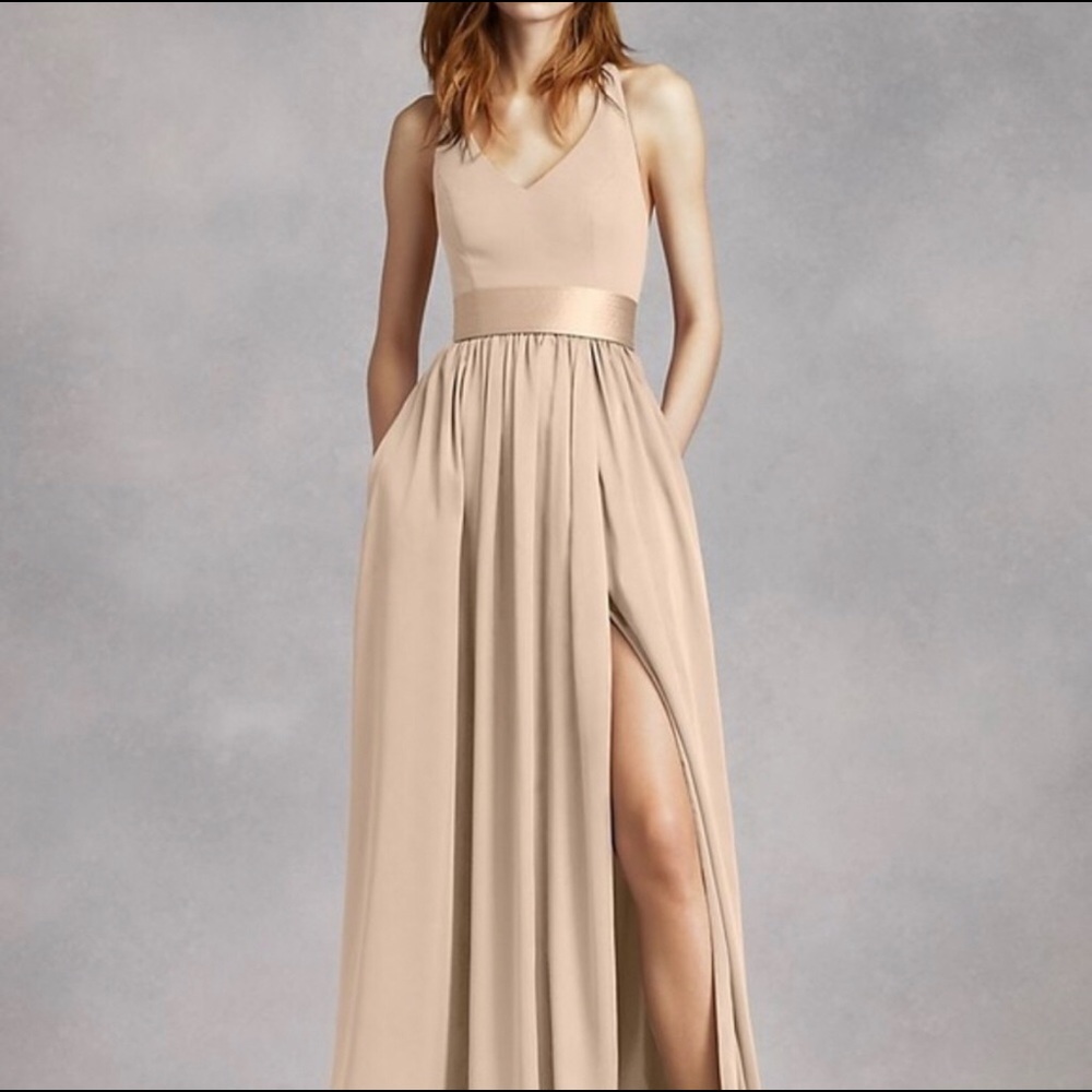 White by Vera Wang V Neck Halter Gown with Sash
